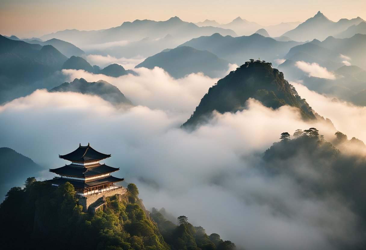 A serene mountain peak surrounded by swirling mists, with an ancient temple perched on the edge, overlooking a tranquil valley below