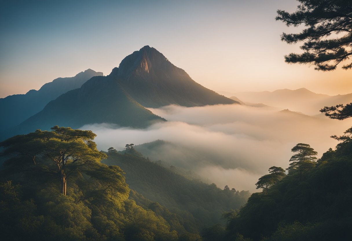 A serene mountain peak bathed in the soft glow of dawn, surrounded by ancient trees and misty valleys, exuding an aura of mystery and spirituality