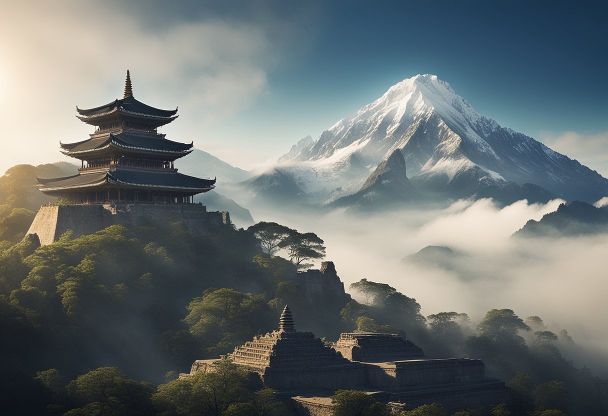 A serene mountain peak surrounded by swirling mists, with ancient ruins and sacred symbols etched into the landscape