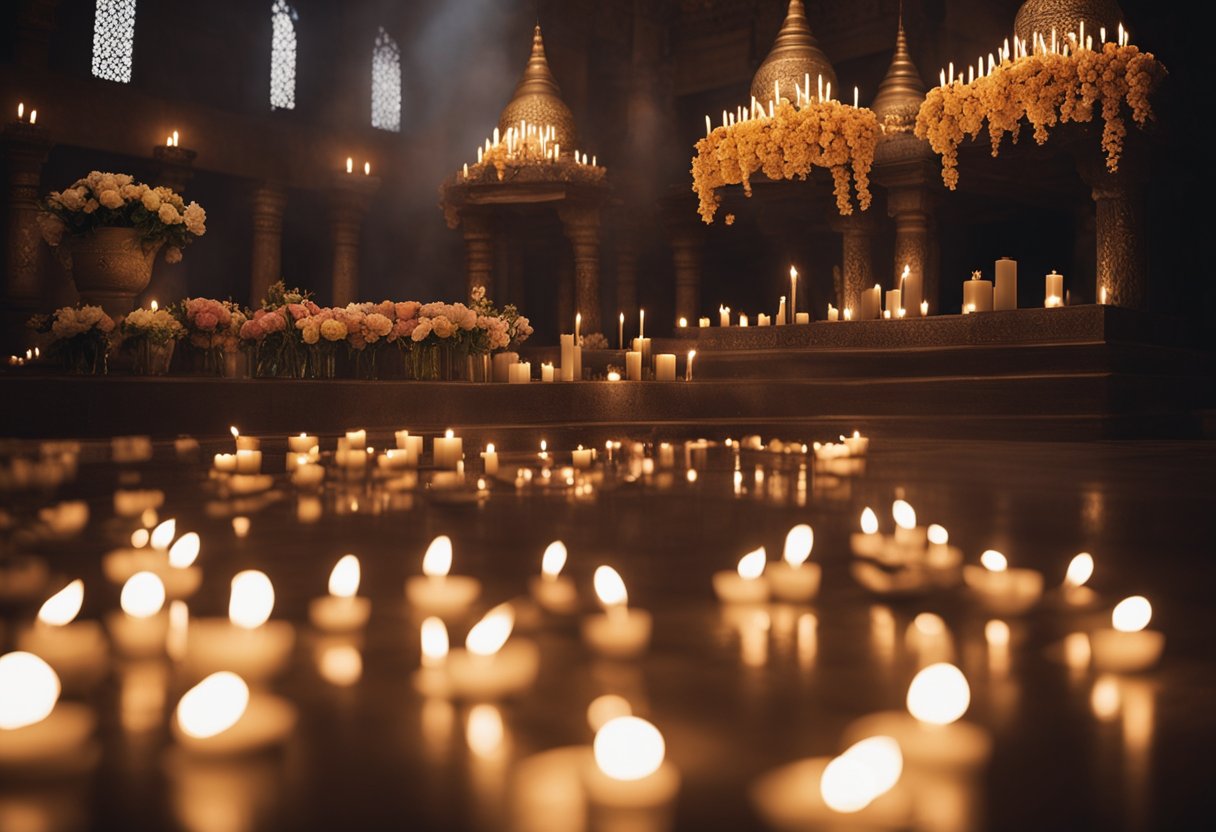 A circle of candles flickers in a dimly lit temple, surrounded by offerings of flowers and incense. A group of pilgrims kneels in prayer, their faces illuminated by the soft glow of the flames