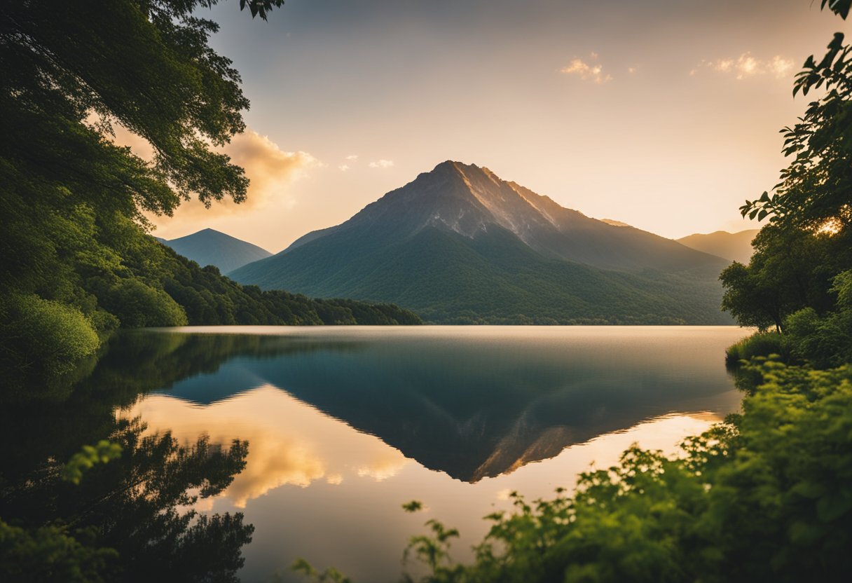 A serene mountain peak bathed in the golden light of the setting sun, surrounded by lush greenery and a calm, reflective body of water