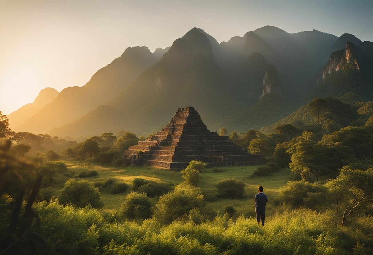 A lone figure stands before a towering mountain, surrounded by ancient ruins and lush greenery. The sun sets behind the distant peaks, casting a warm glow over the sacred landscape