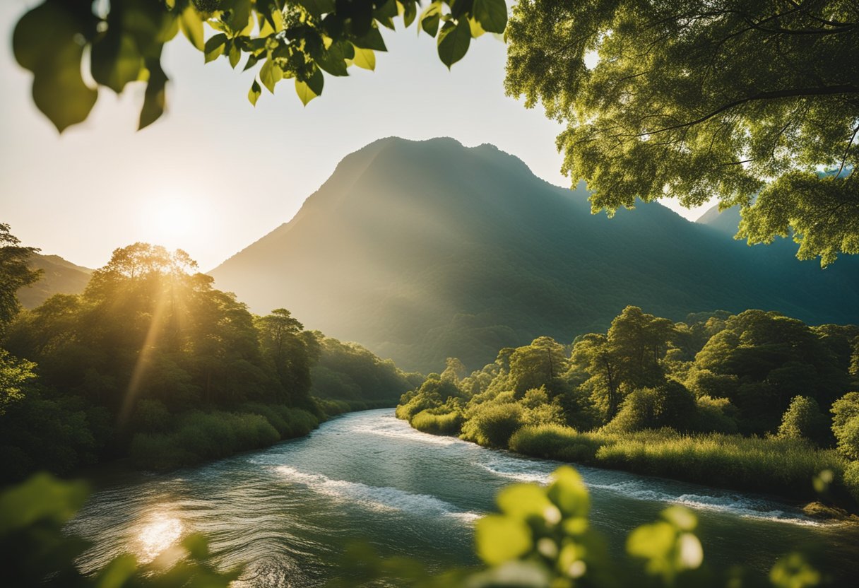 A serene mountain peak bathed in golden sunlight, surrounded by lush greenery and a clear, flowing river. A sense of peace and tranquility emanates from the landscape