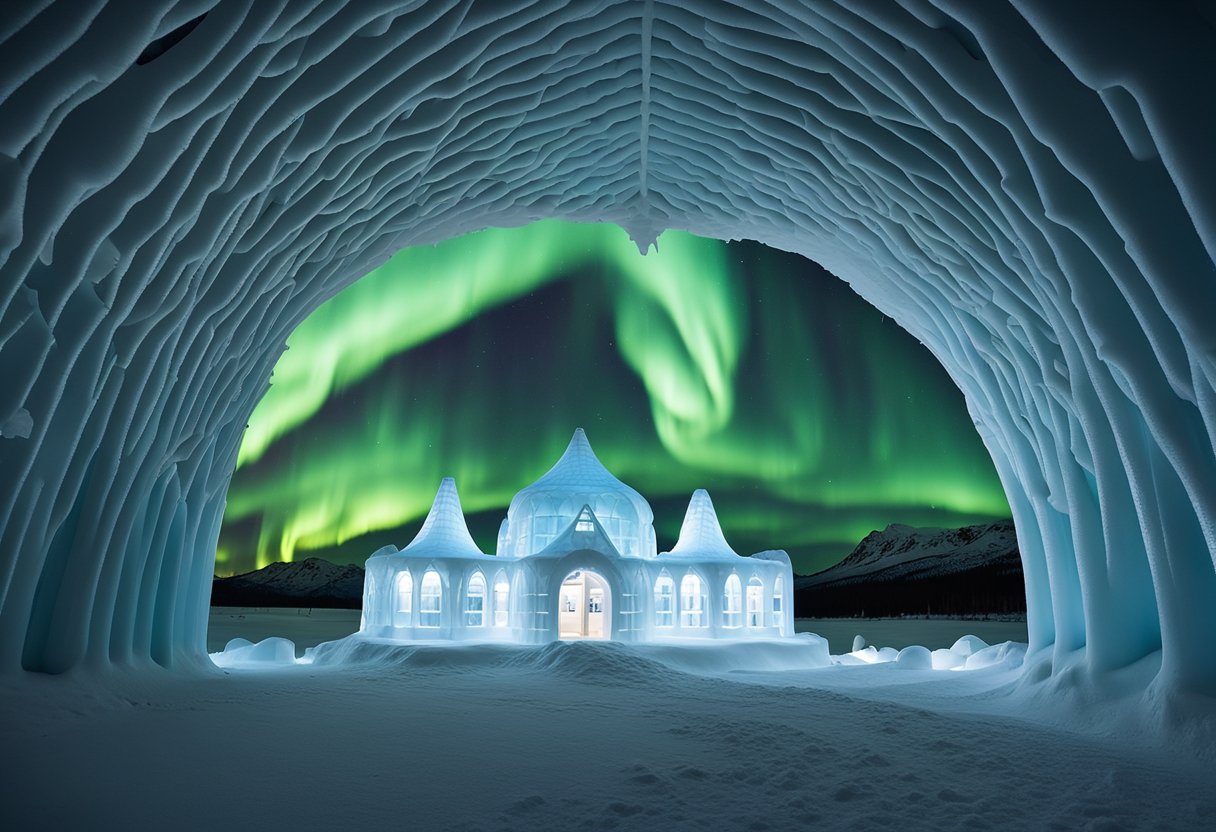 A stunning ice hotel in Scandinavia, with intricate architecture and frozen sculptures, set against a backdrop of snow-covered mountains and shimmering northern lights
