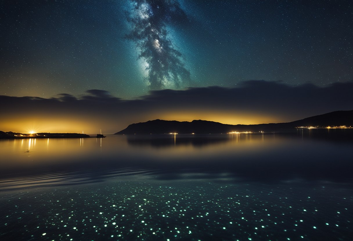 Glowing waters shimmer under the night sky, illuminating the shoreline with a magical, otherworldly glow