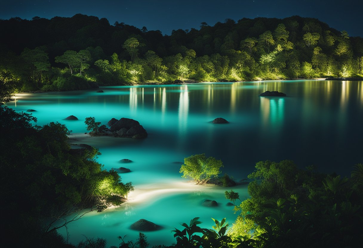 The bioluminescent bay glows with natural light, illuminating the dark water. The beach is surrounded by lush vegetation, showcasing the beauty of nature's nightlights