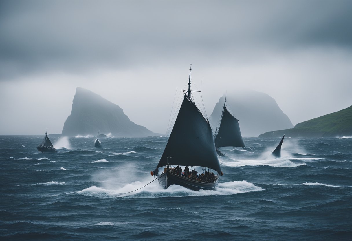 A pod of traditional Faroese boats chase a pod of whales through choppy seas, surrounded by misty cliffs and rugged coastline