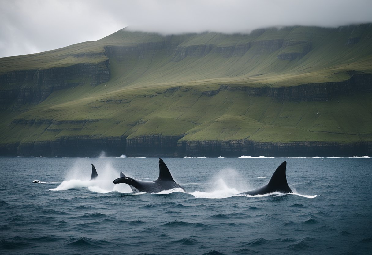 A group of small fishing boats surround a massive whale in the choppy waters of the Faroe Islands. The hunters work together to capture the whale using traditional methods, showcasing the ancient tradition in a modern setting