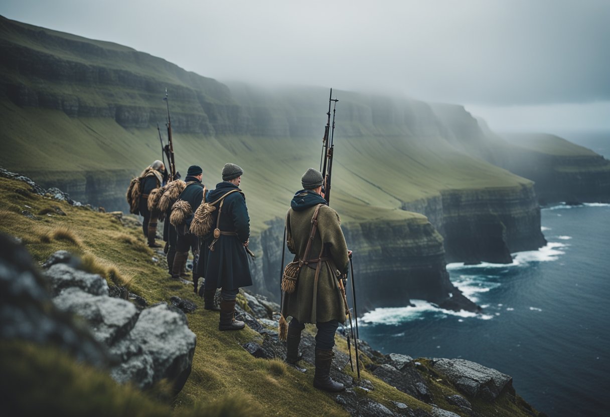 A group of Faroese hunters stand on a rocky cliff overlooking the ocean, their traditional boats and harpoons ready for the hunt. The misty, dramatic landscape sets the scene for the ancient tradition of whale hunting in modern times