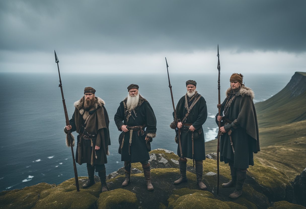 Whale hunting boats gather in a dramatic coastal setting, with rugged cliffs and traditional Faroese architecture in the background. The hunters are depicted in the act of pursuing and capturing a whale, showcasing the enduring tradition in modern times