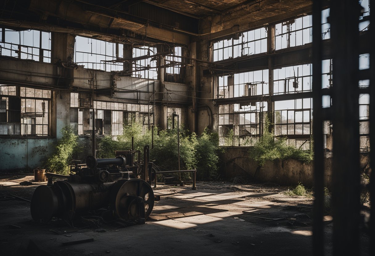 Urban Exploration - A crumbling factory looms over a desolate landscape, its broken windows and rusted machinery hinting at a once bustling past. Weeds and graffiti cover the exterior, while inside, shadows play across decaying walls and empty corridors