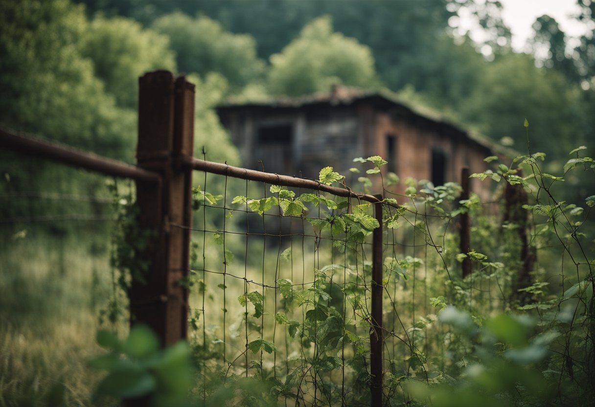 Urban Exploration - An overgrown, crumbling building looms in the background, while a rusted fence surrounds the abandoned site. Vines and weeds reclaim the space, hinting at the allure of forgotten places