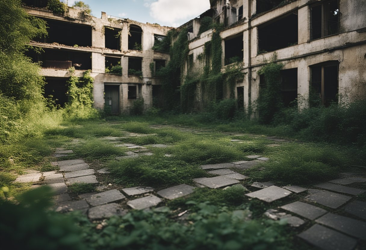 Urban Exploration - An overgrown courtyard with cracked pavement and crumbling walls, surrounded by derelict buildings and rusted metal structures