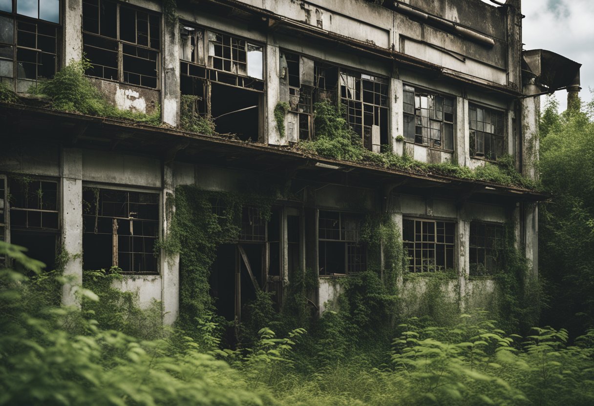 Urban Exploration - A dilapidated factory stands as a testament to the past, surrounded by overgrown vegetation and broken windows. The rusted machinery inside tells the story of neglect and abandonment