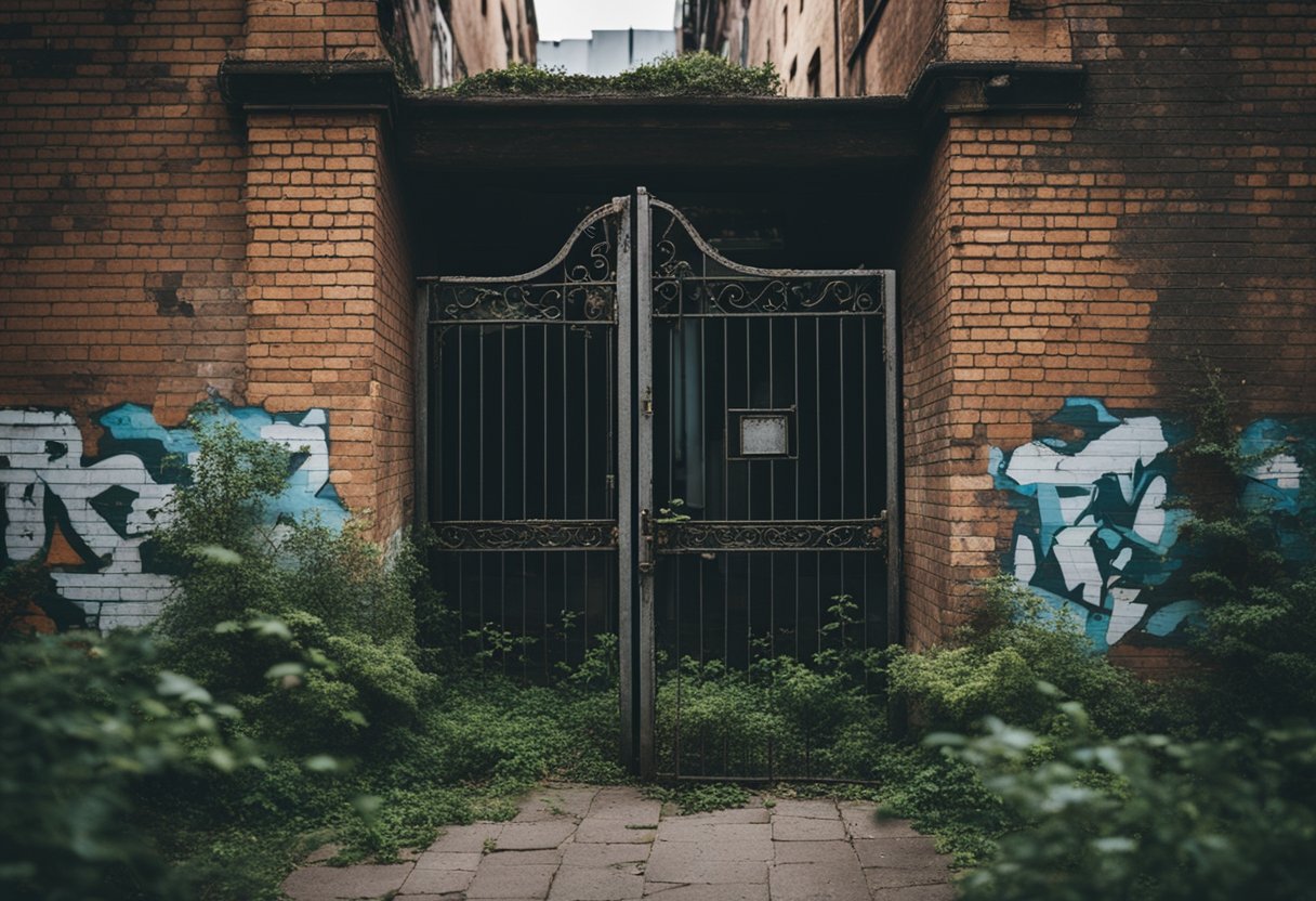 Urban Exploration - An overgrown courtyard with cracked pavement and rusted metal gates, surrounded by crumbling brick walls and graffiti-covered buildings