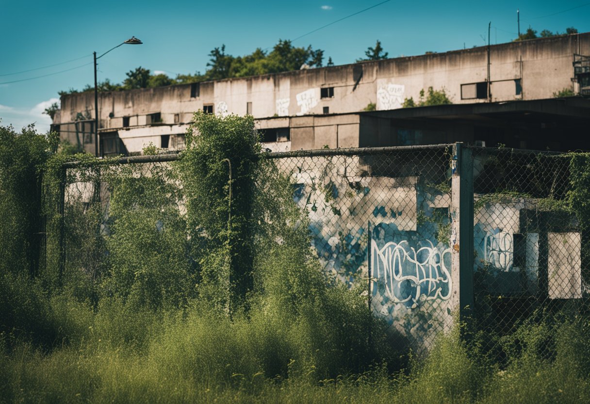 Urban Exploration - An abandoned building with broken windows, overgrown vegetation, and graffiti-covered walls, surrounded by a chain-link fence with a "no trespassing" sign