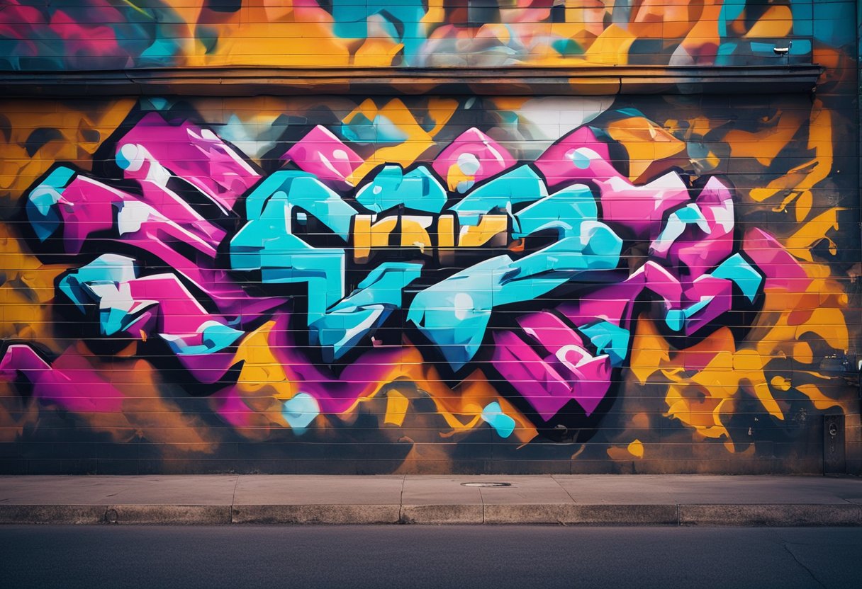 Vibrant graffiti covers city walls, blending traditional art with digital elements. Neon colors and pixelated designs create a dynamic urban canvas
