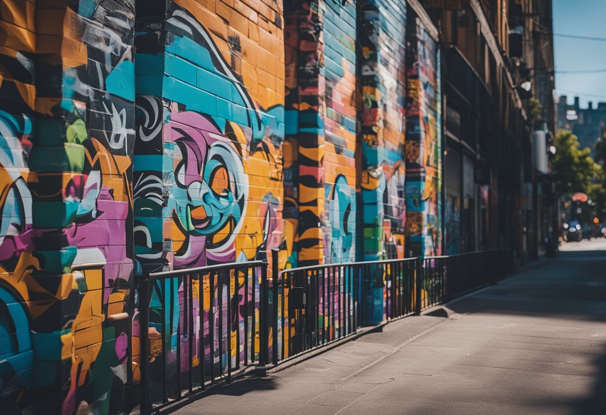 A bustling city street filled with vibrant graffiti murals, representing the diverse community and cultural identity of the urban environment