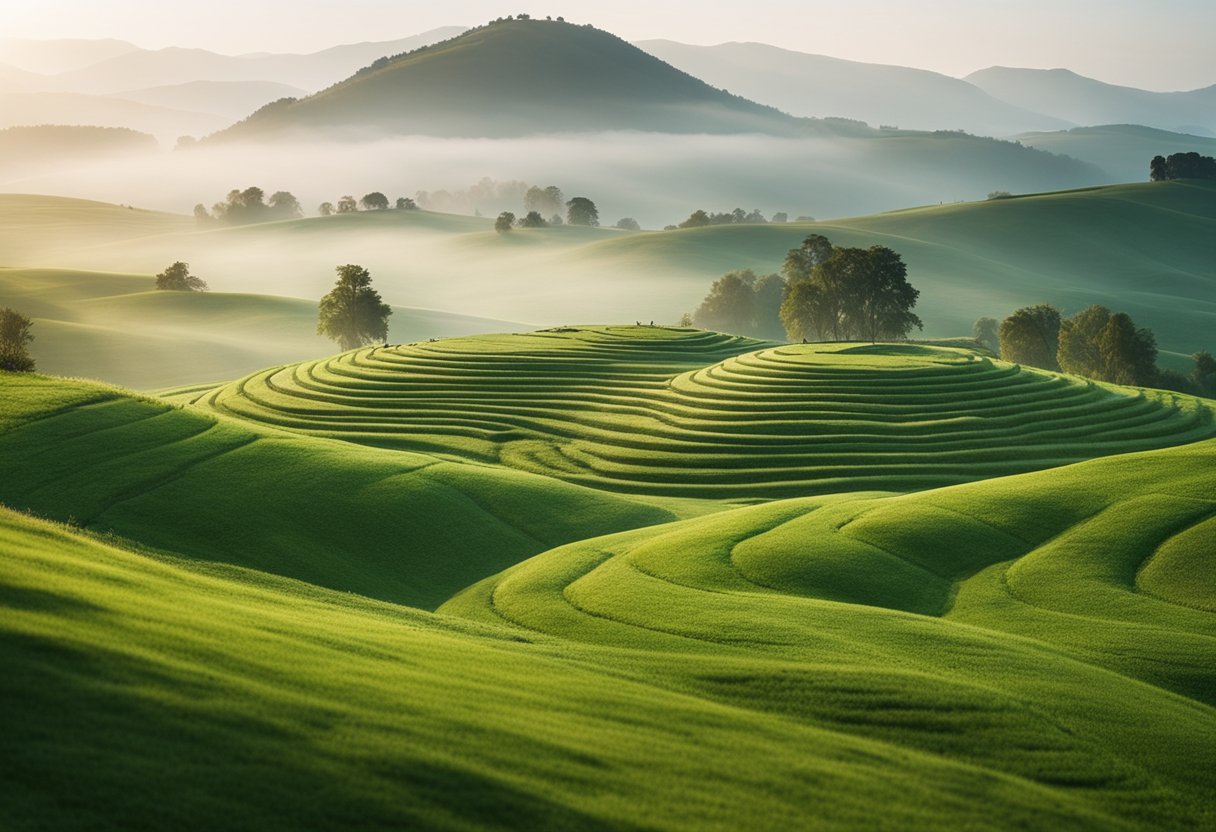 Sacred Geometry - A landscape of rolling green hills with ancient stone spirals and symbols, surrounded by mist and a sense of peaceful harmony