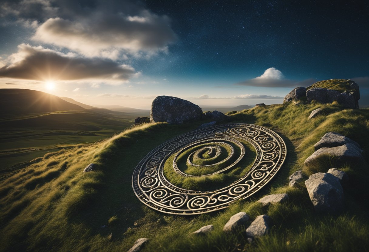Sacred Geometry - The ancient stone spirals of Ireland intertwine with celestial symbols under a starry sky, surrounded by natural elements in perfect harmony