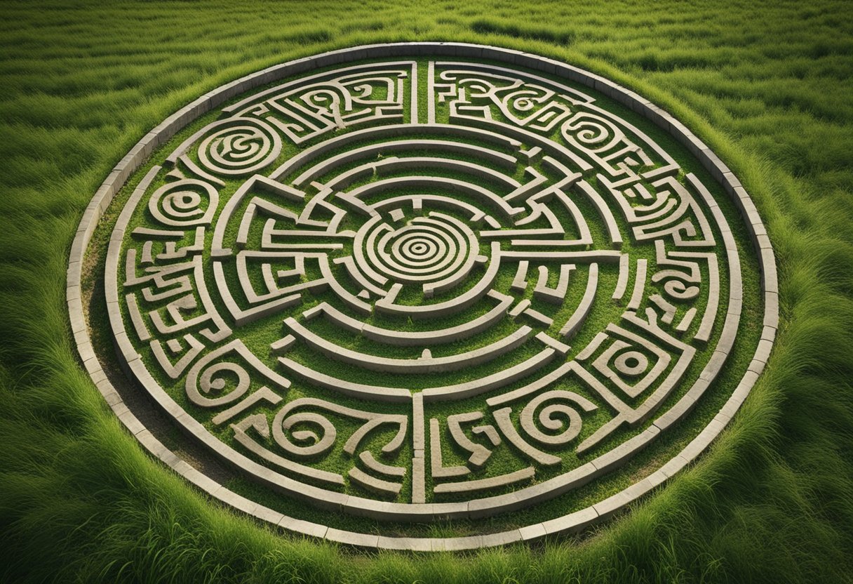 Sacred Geometry - A stone labyrinth sits nestled in a lush green field, surrounded by ancient Celtic symbols and spirals, representing harmony and sacred geometry