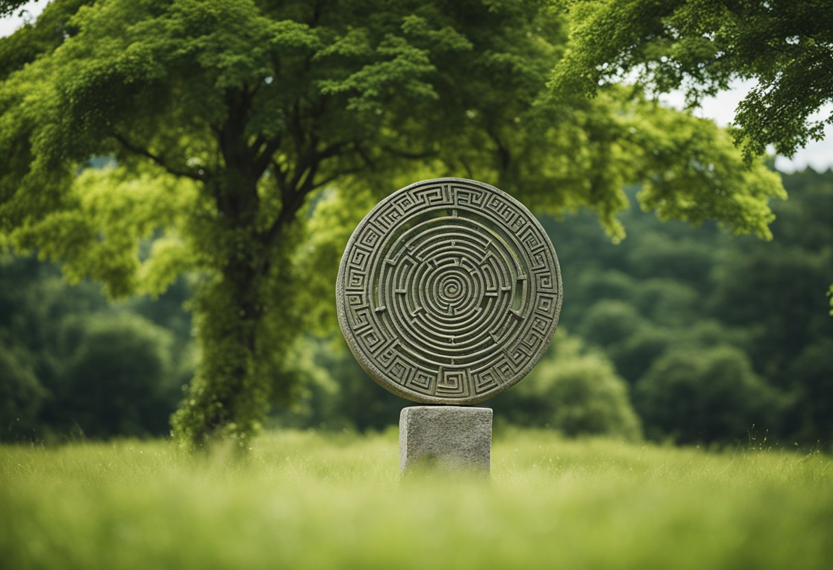 Sacred Geometry - A lush green landscape with intertwining spirals and ancient symbols carved into stone, reflecting the harmony and sacred geometry of Celtic tradition in Ireland