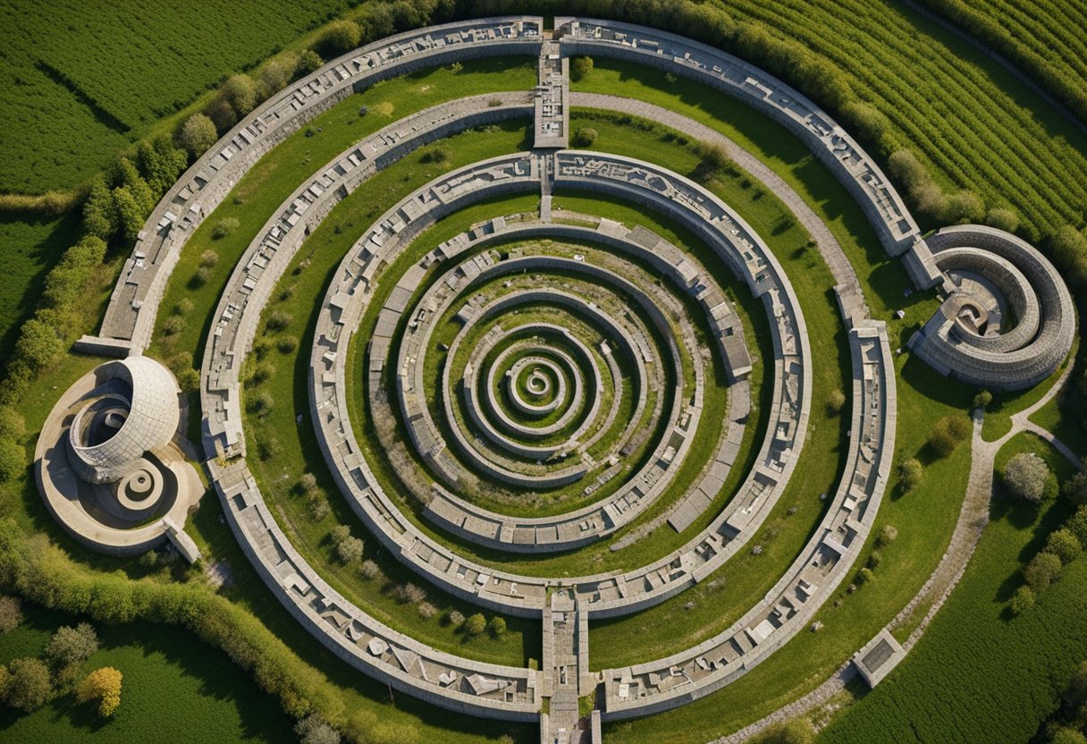 Sacred Geometry - Aerial view of ancient Irish spirals and global symbols, intertwining in a harmonious dance across the landscape