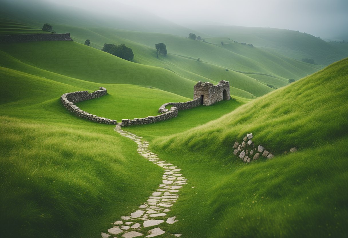 pilgrimage sites in ireland - Rolling green hills with ancient stone ruins and a winding path leading to a sacred site. A misty, mystical atmosphere surrounds the landscape