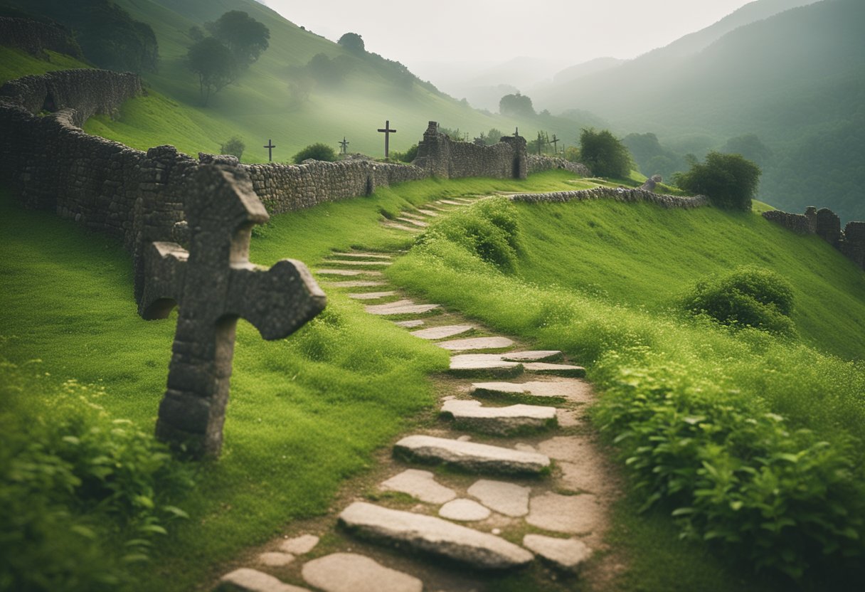 pilgrimage sites in ireland - A winding path leads through lush green hills, dotted with ancient stone ruins and crosses. A gentle mist hangs in the air, adding a sense of mystery and spirituality to the landscape