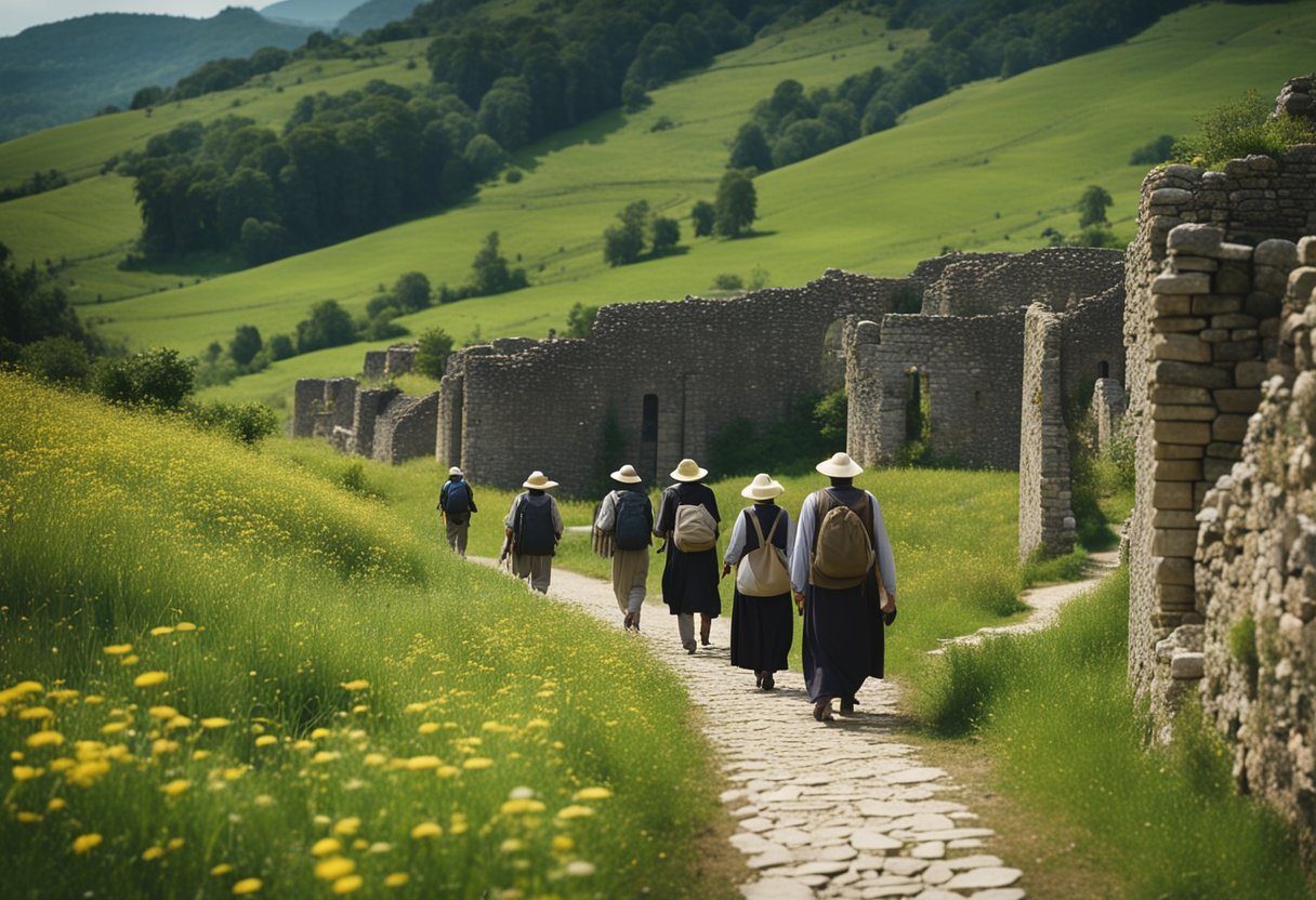 pilgrimage sites in ireland - A group of pilgrims walk along a winding path, surrounded by lush green hills and ancient stone ruins. The air is filled with the sound of traditional music and the scent of wildflowers