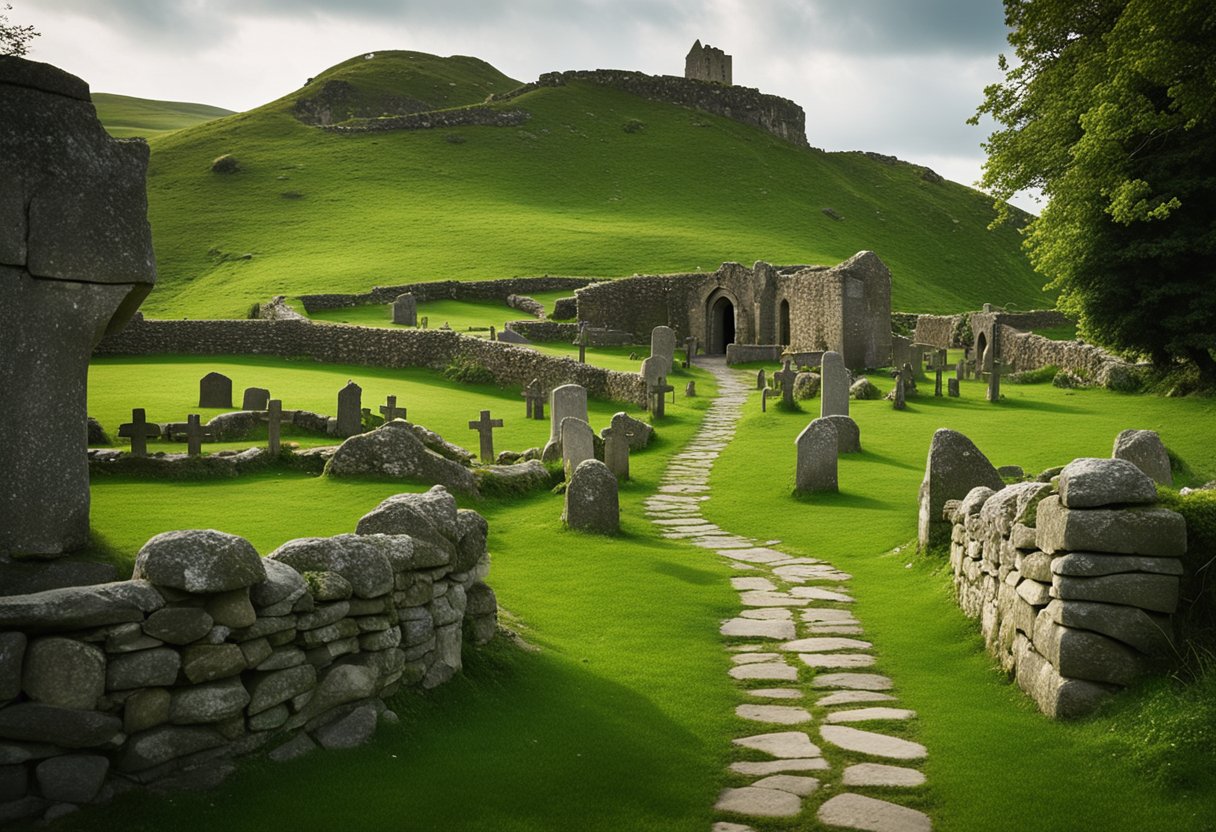 pilgrimage sites in ireland - A lush green landscape with a winding path leading to a sacred site, surrounded by ancient stone ruins and Celtic crosses. The scene is filled with a sense of spirituality and connection to Irish heritage