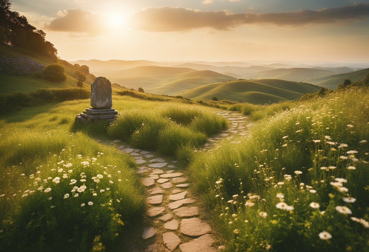 pilgrimage sites in ireland - A winding path through lush green hills leads to a sacred site, marked by an ancient stone monument and surrounded by wildflowers. The sun casts a warm glow over the landscape, creating a sense of peace and tranquility