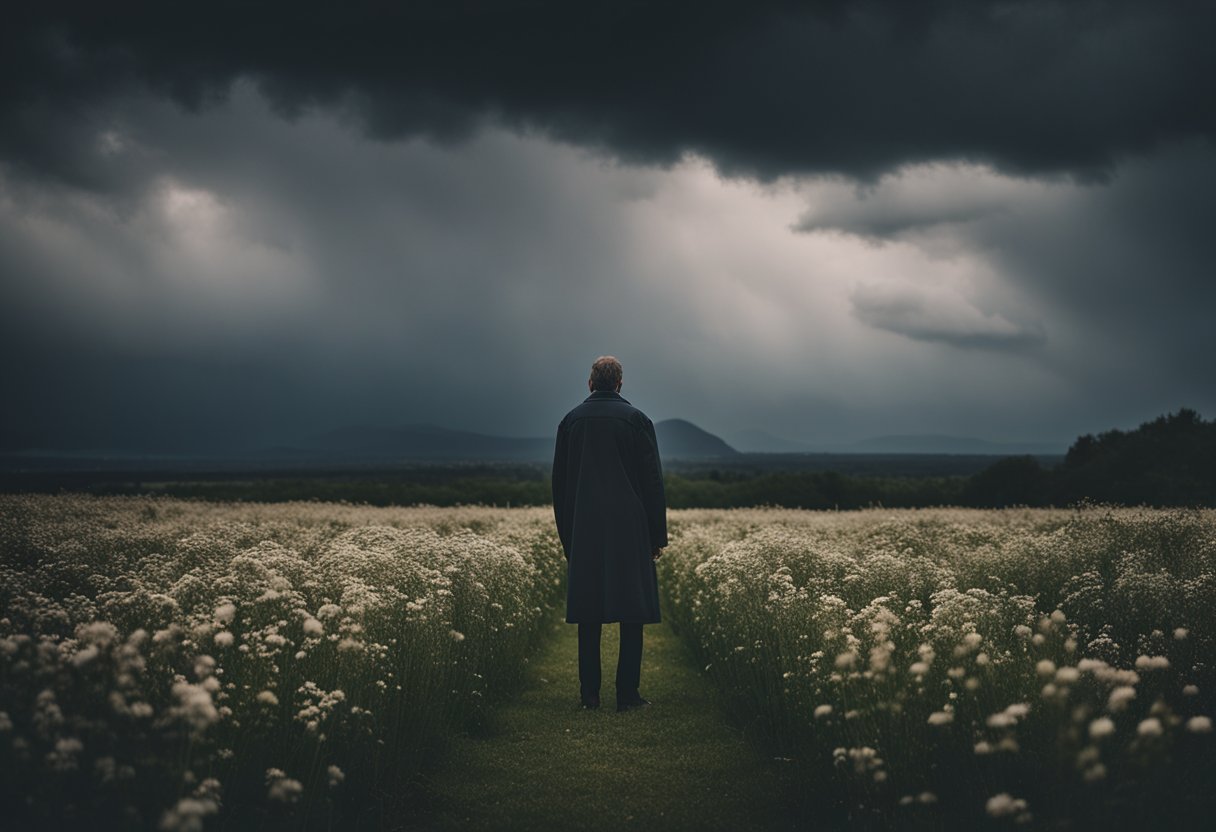 Language of Loss - A lone figure stands in a field of wilting flowers, their head bowed in sorrow. Dark storm clouds loom overhead, mirroring the weight of their grief