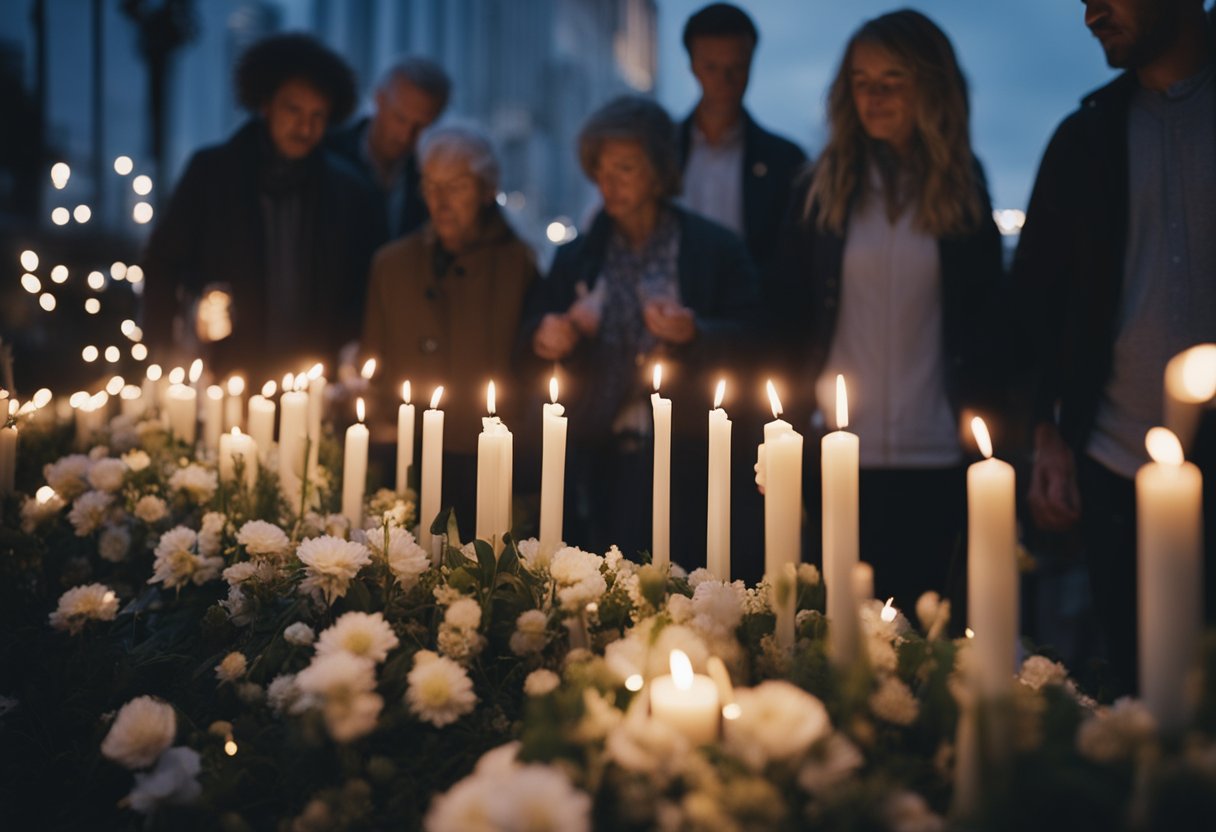 Language of Loss - A group of people gather around a memorial, leaving flowers and lighting candles. Symbols of grief and remembrance are displayed in various cultural traditions