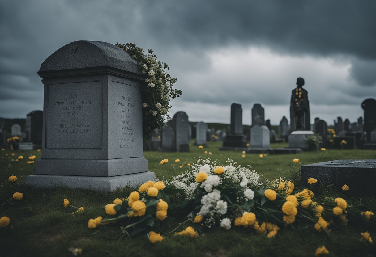 Language of Loss - A solitary figure sits by a gravestone, surrounded by wilting flowers and scattered tokens of remembrance. The somber atmosphere is accentuated by the overcast sky and the stillness of the scene