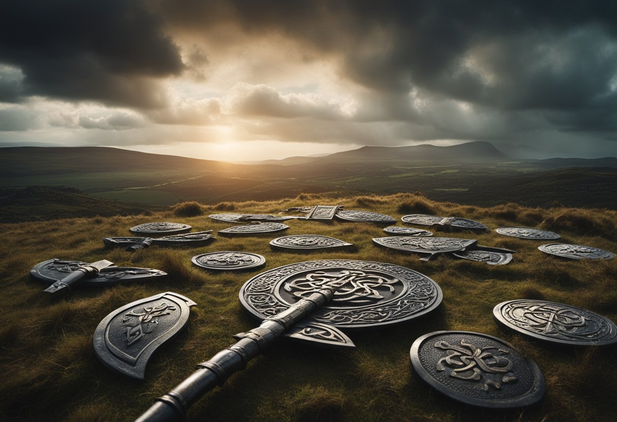 Heroes of Myth- A battlefield with ancient Celtic symbols, weapons, and armor scattered among fallen warriors. A dramatic sky and rugged landscape evoke the heroic world of Irish mythology