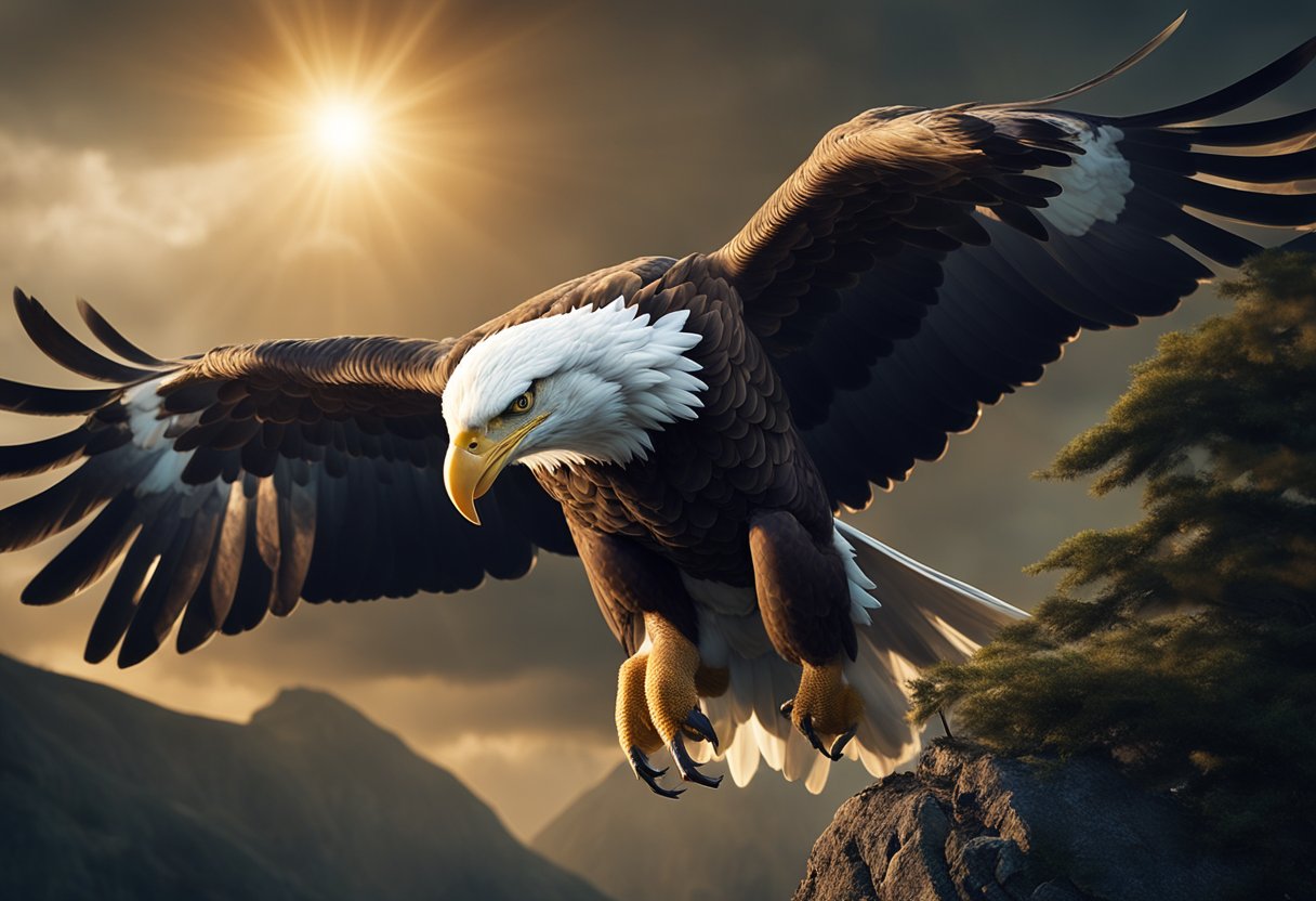 Heroes of Myth- Cú Chulainn's birth: a majestic eagle swooping down to a sacred hill, carrying a tiny baby in its talons, surrounded by mystical light