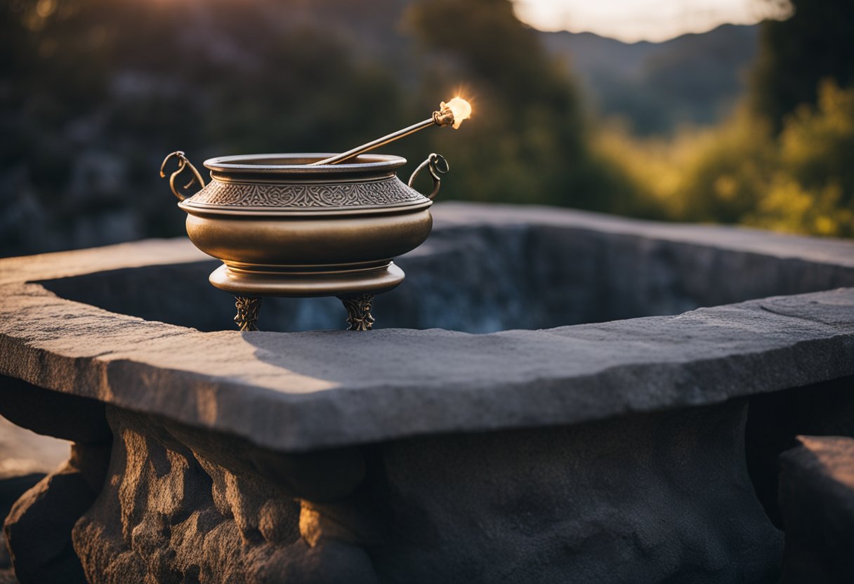 Dagda's Cauldron - The cauldron sits atop a stone pedestal, emitting a soft, otherworldly glow. Symbols of the cosmos and Celtic mythology adorn its surface, hinting at its mystical significance