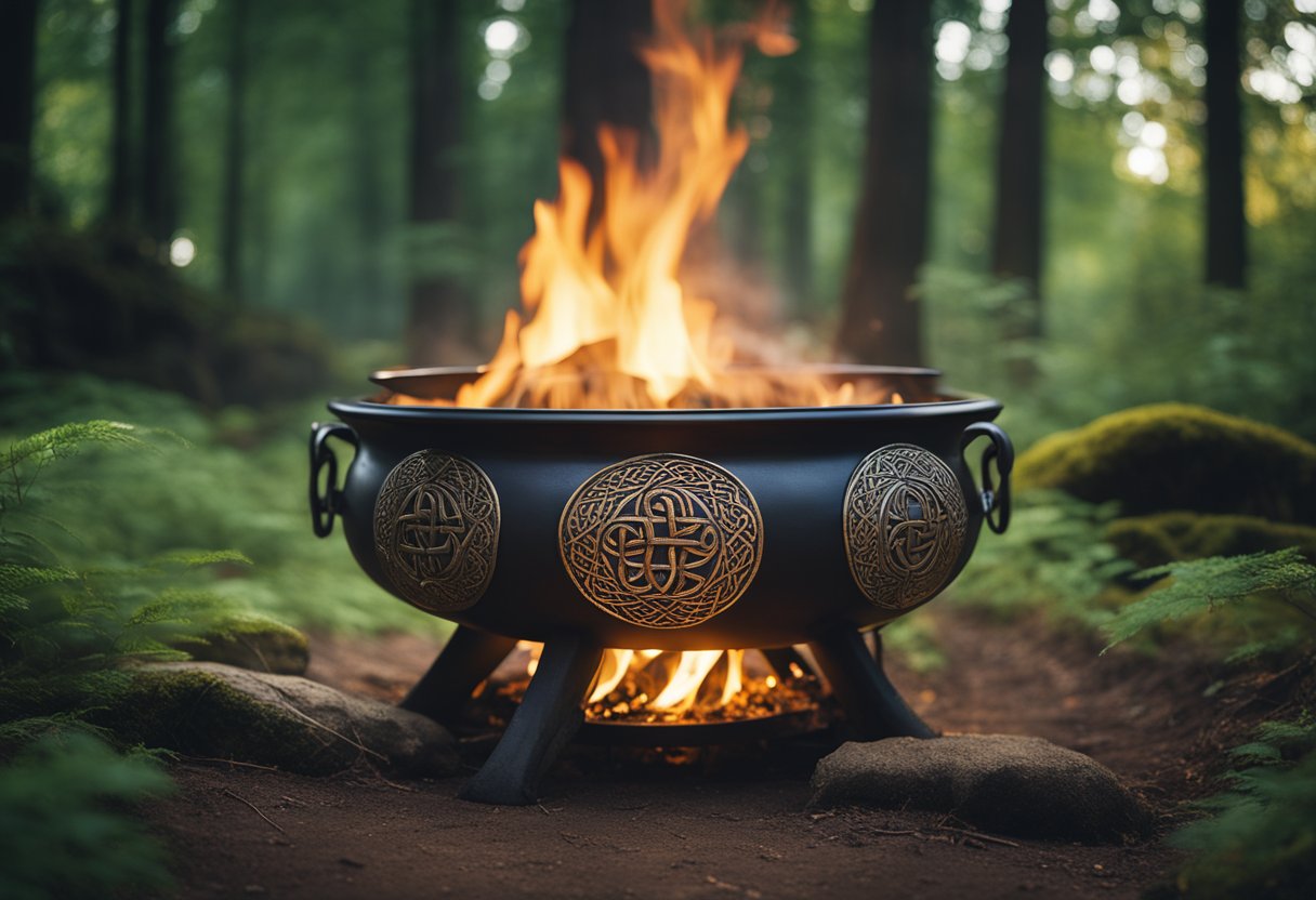 Dagda's Cauldron - A massive cauldron stands in a sacred grove, radiating warmth and abundance. It is adorned with intricate Celtic designs and symbols of love and passion