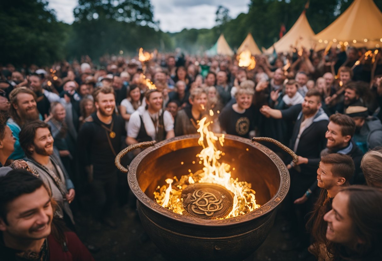 Dagda's Cauldron - The cauldron of Dagda, overflowing with abundance and prosperity, sits at the heart of the Celtic festival, surrounded by joyful revelers and adorned with intricate Celtic symbols