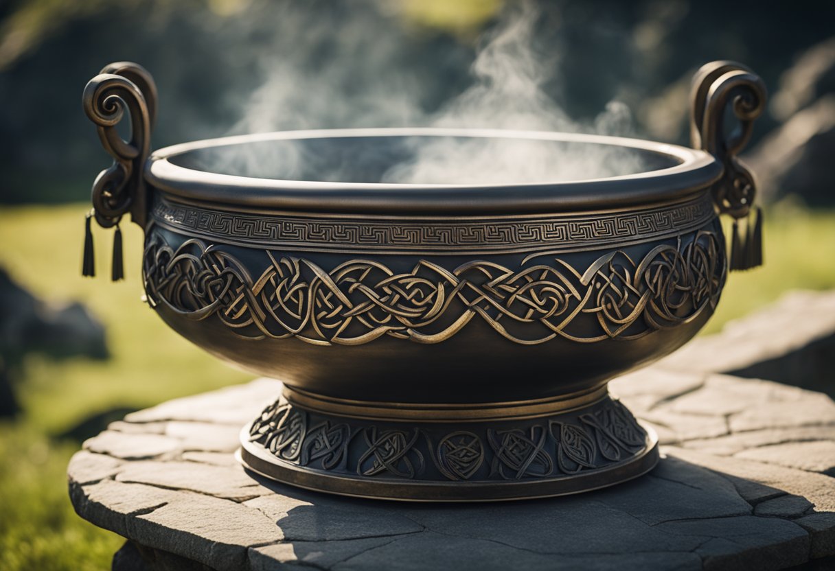 Dagda's Cauldron - A large, ancient cauldron sits atop a stone pedestal, adorned with intricate Celtic symbols and surrounded by a mystical aura