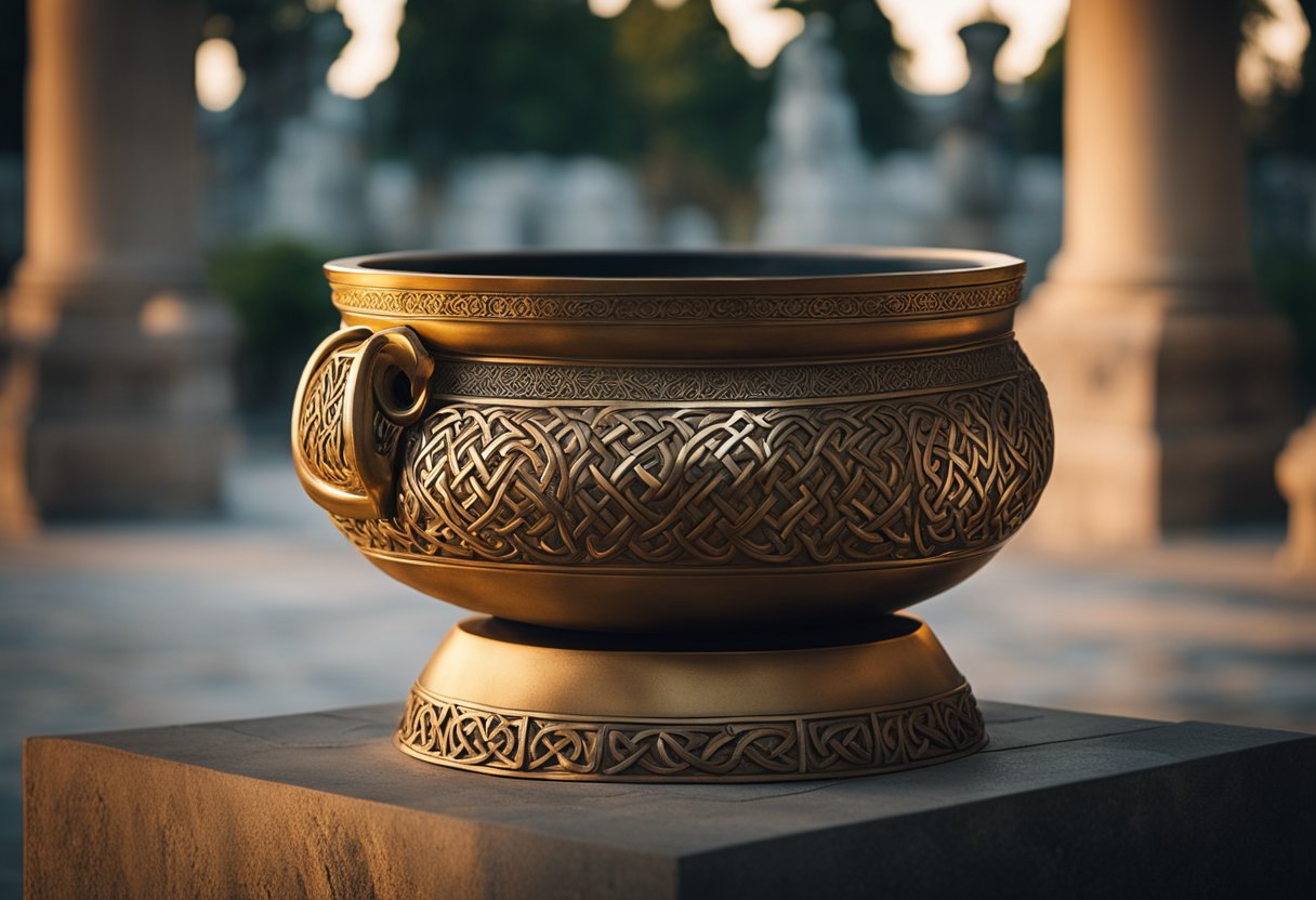 Dagda's Cauldron - A large cauldron stands on a stone pedestal, adorned with intricate Celtic designs and symbols. It emits a warm, golden glow, hinting at its mystical and powerful nature