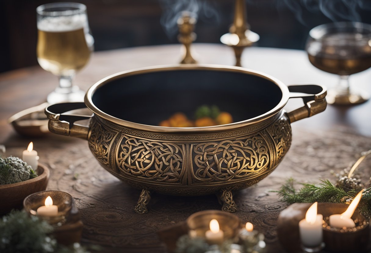 Dagda's Cauldron - The cauldron of the Tuatha Dé Danann, adorned with intricate Celtic designs, brimming with a magical brew that bestows wisdom and abundance