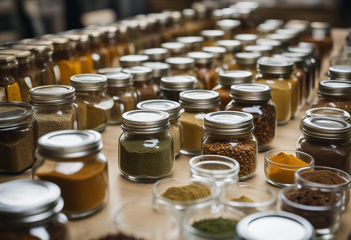 A table with various spice jars from around the world, each labeled with its country of origin. A map in the background shows trade routes