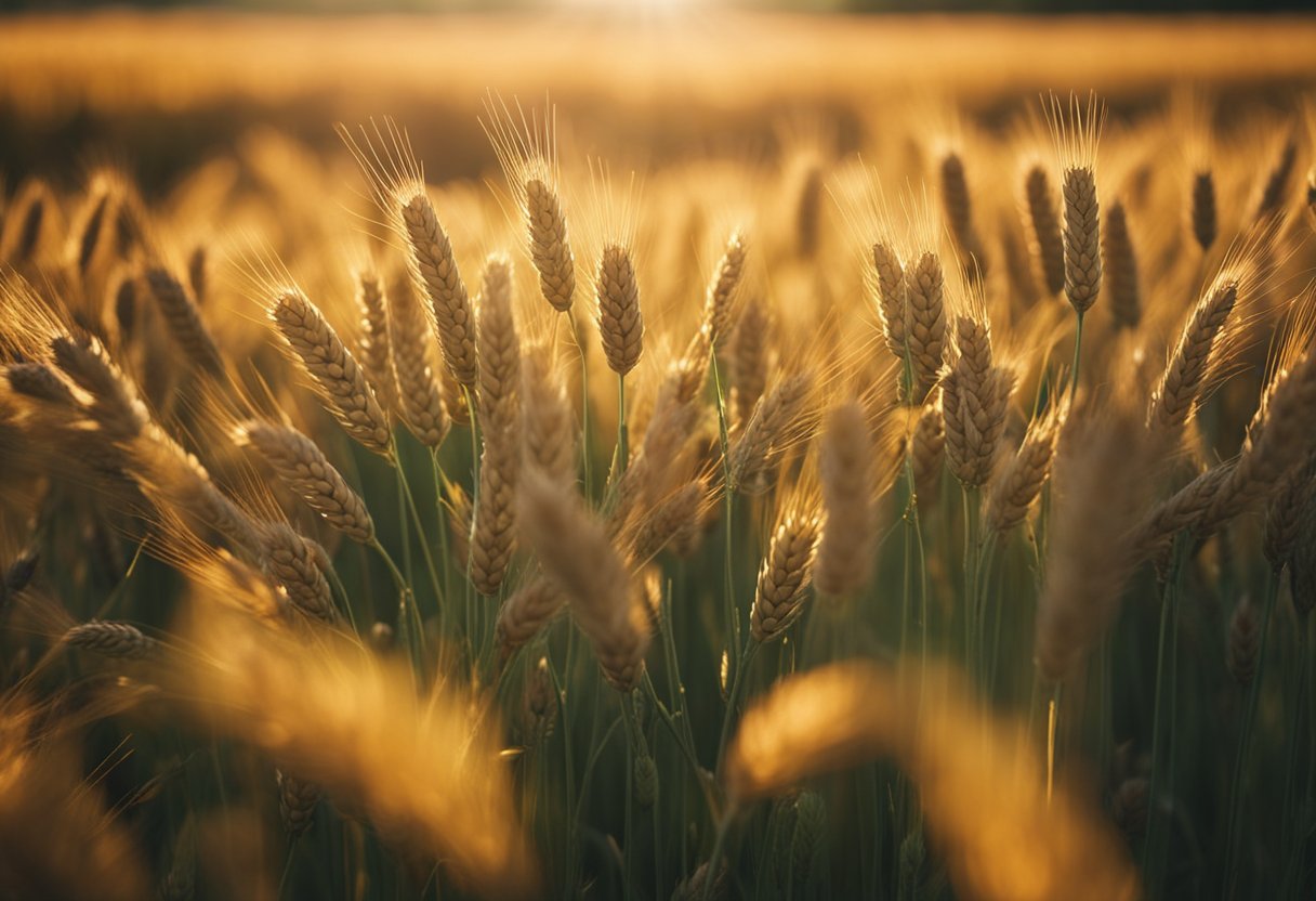 Lughnasadh Festival - A vibrant field of golden wheat sways in the warm breeze, surrounded by ripe fruits and vegetables bursting with color. Bees buzz around, pollinating the bountiful crops as the sun shines down, illuminating the scene