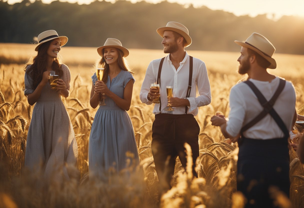 Lughnasadh Festival - A group of people gathering in a field, with bountiful crops and golden sunlight, celebrating the start of the harvest with music, dance, and feasting