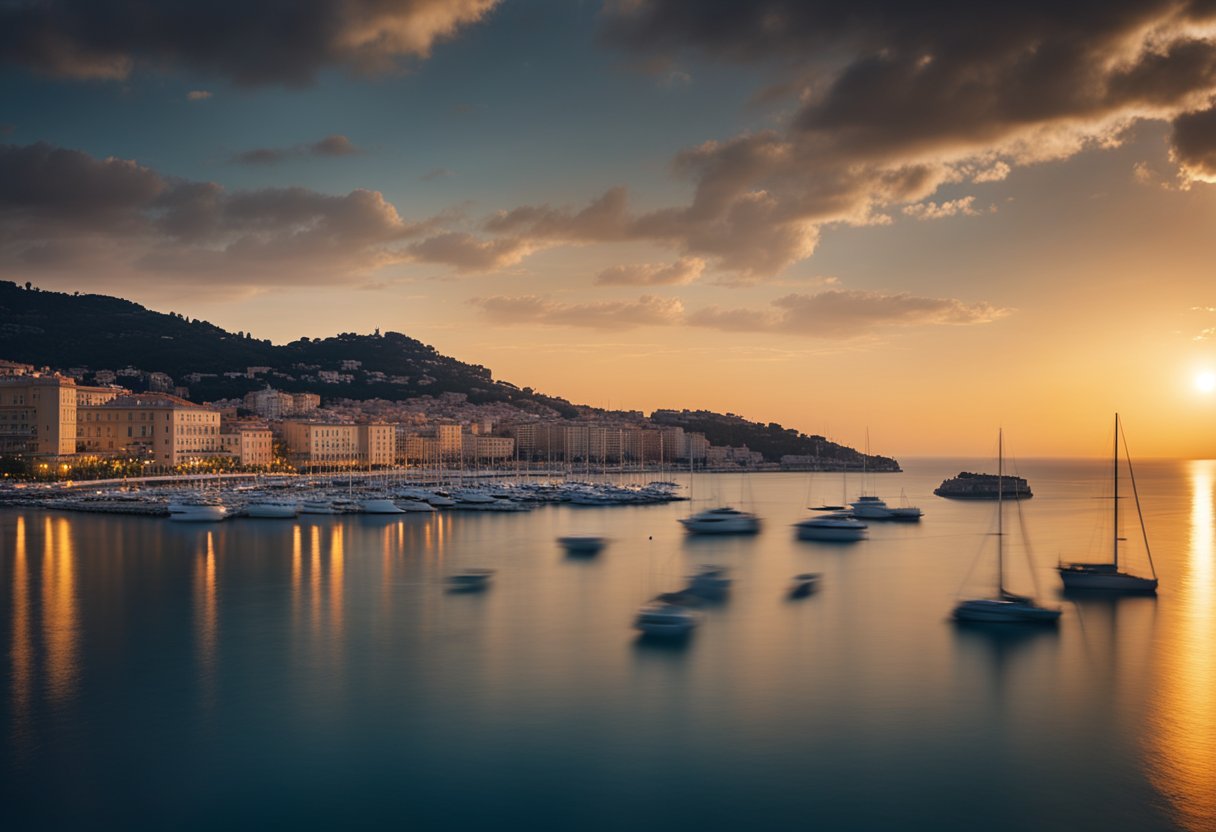 The sun sets over the French Riviera, casting a golden glow on the luxurious villas and sparkling blue sea, evoking the glamour and allure of Hitchcock's iconic films
