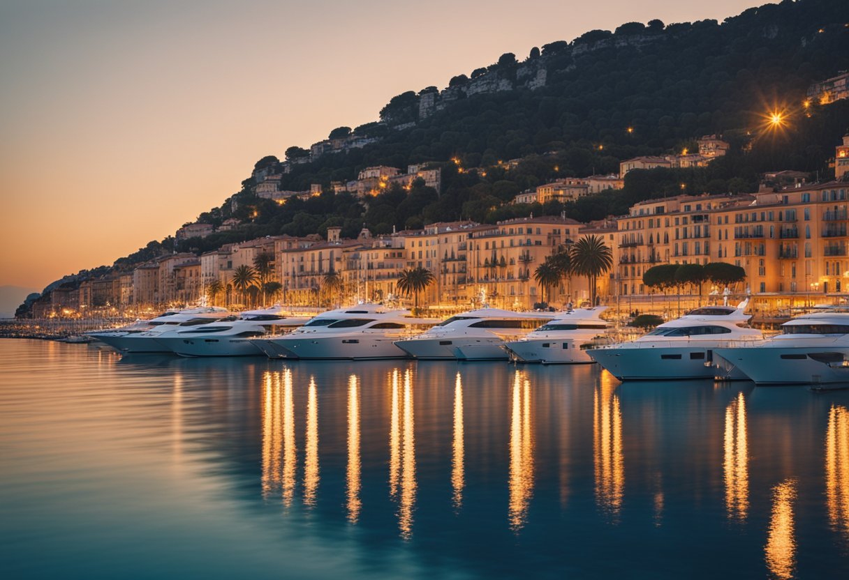 The sun sets over the sparkling blue waters of the French Riviera, casting a golden glow on the luxurious yachts and palm-lined promenades
