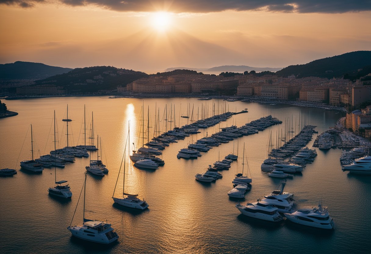 The sun sets over the sparkling blue waters of the French Riviera, casting a golden glow on the elegant yachts and charming coastal villages