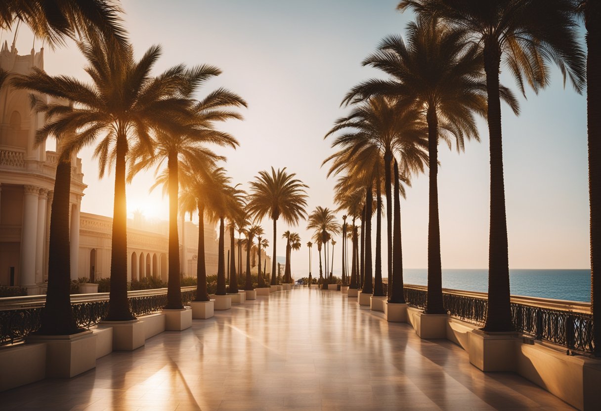 A sunset-lit promenade lined with palm trees, overlooking the sparkling Mediterranean sea, with elegant, Art Deco-inspired architecture in the background
